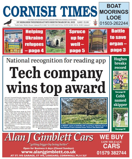 The Wednesday, March 30, edition front page of the Cornish Times.