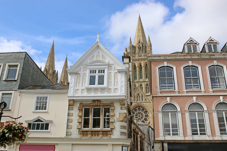 A view of buildings and the cathedral in Truro.