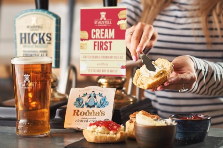 A person spreading cream first on their scones next to some April Fool’s Day ‘Cream First’ beer