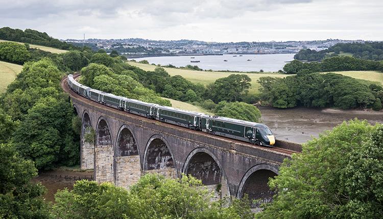 A GWR Class 800 intercity high speed train passing Trematon near Saltash en route to Liskeard and Penzance.