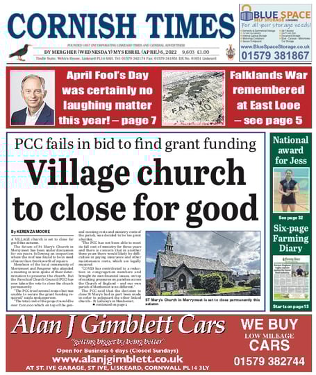 The front page of the latest edition of the Cornish Times, dated Wednesday, April 6, 2022
