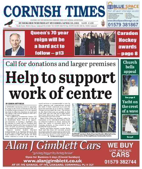 The front page of the Wednesday, April 20, 2022 edition of the Cornish Times