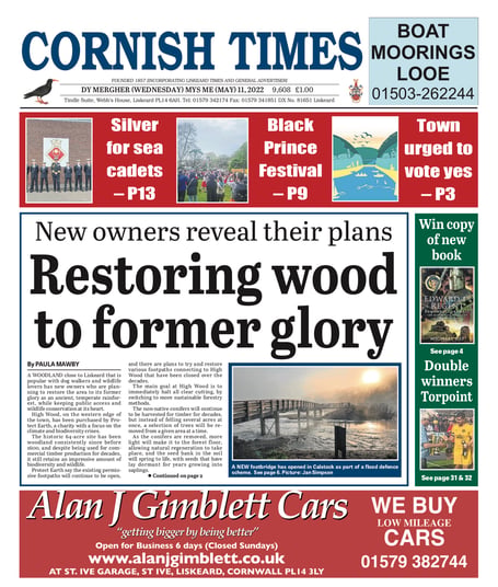 The front page of the Wednesday, May 11, 2022, issue of the Cornish Times