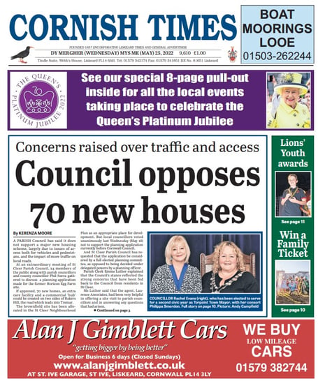 The front page of the Cornish Times Wednesday, May 25, 2022 edition