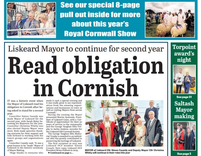 The front page of the Wednesday, June 1, 2022 Cornish Times edition