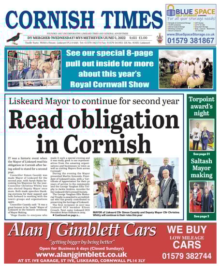 The front page of the Wednesday, June 1, 2022 Cornish Times edition