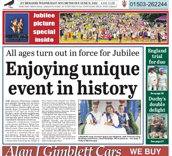 The front page of the Cornish Times edition of Wednesday, June 8, 2022