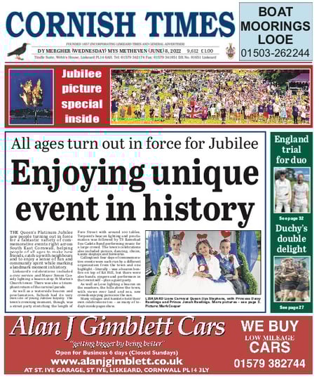 The front page of the Cornish Times edition of Wednesday, June 8, 2022