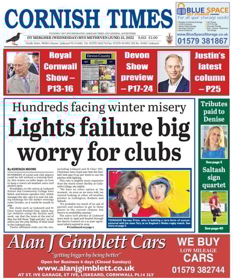 The front page of the Cornish Times edition dated Wednesday, June 15, 2022