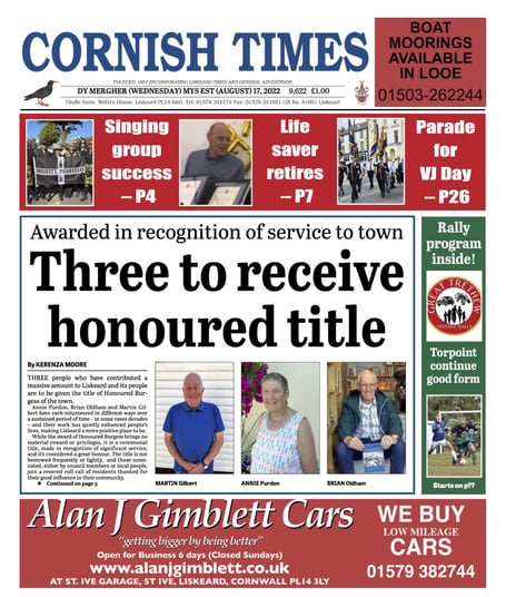 Cornish Times front page for August 17 paper.