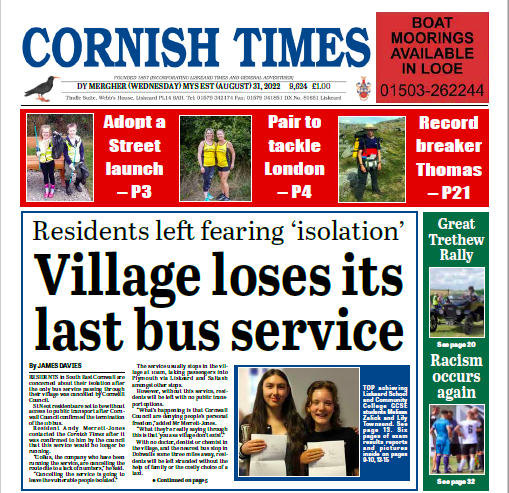 Cornish Times front page for August 31 edition.