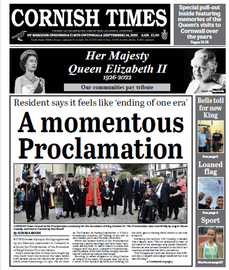 The front page of this week’s Cornish Times (September 14, 2022).