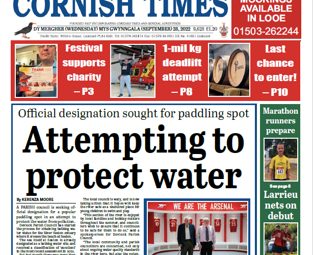 The front page of the Cornish Times newspaper for Wednesday, September 28.