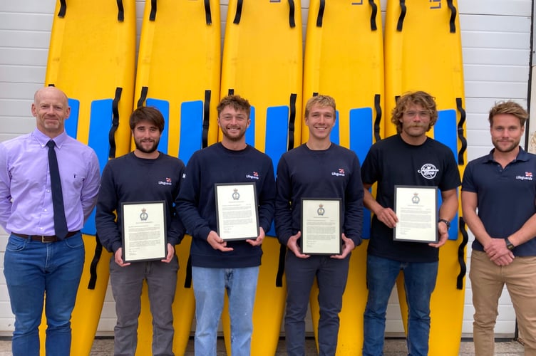 RNLI lifeguards receiving awards (L to R James Millidge, Beau Gillett, Ed Sampson, Tristan Gillett, Andy Wrennell, Charlie Gillett)