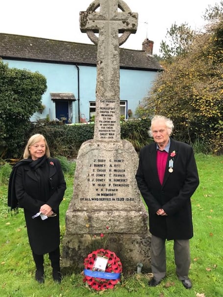 Cornwall Councillor Jane Pascoe and Ian Gordon at the war memorial on Herodsfoot Village Green