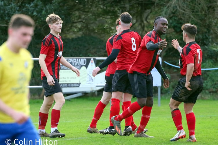 Dobwalls' Kelvin Fyneboy celebrates scoring one of his two penalties during the 4-2 victory at Sticker in SWPL Premier West on Saturday, January 14. Picture: Colin Hilton