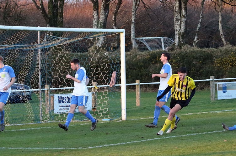 Dobwalls' Oscar Larrieu celebrates scoring the winning goal at Camelford on Saturday. Picture: Colin Hilton