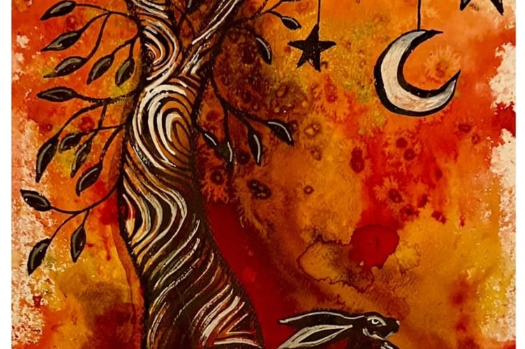 Rabbit and Tree, acrylic on canvas by Joolz Denby