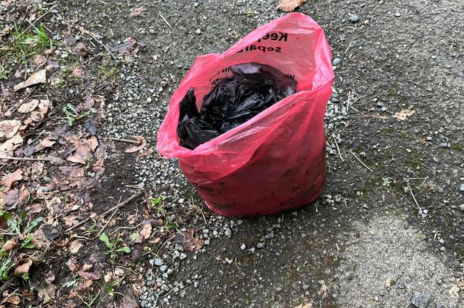 THE sack of full dog poo bags which was eventually handed back to the dog’s owner after being collected from the hedge, fence panels and footpath