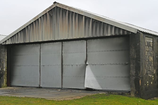 The fire-damaged aircraft hanger at Davidstow Airfield