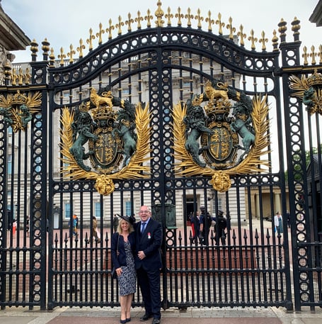 Gary and wife Sarah outside Buckingham Palace at the Royal Garden Party.