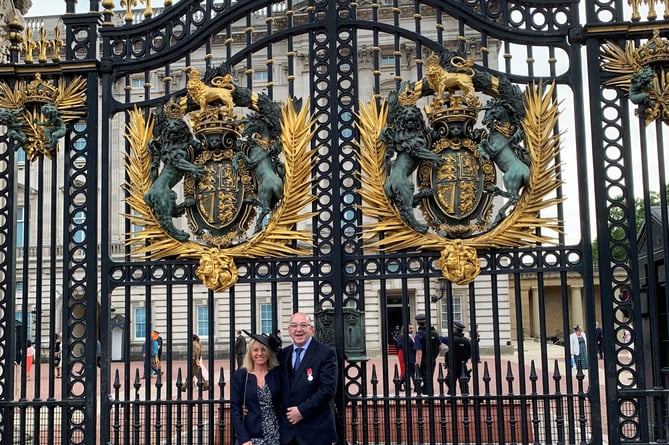 Gary and wife Sarah outside Buckingham Palace at the Royal Garden Party.