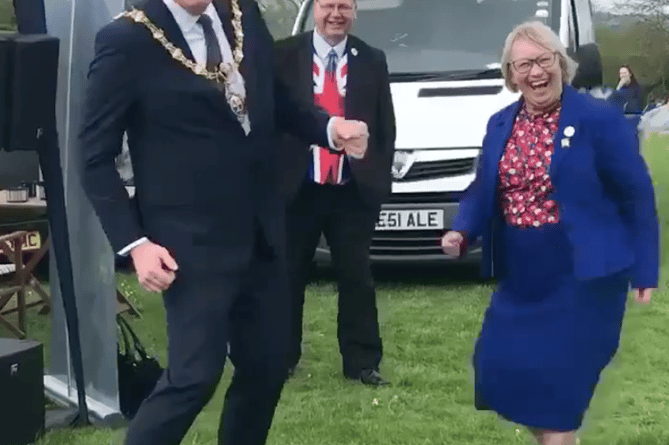 MAYOR of Liskeard Cllr Simon Cassidy joins in dancing with MP Sheryll Murray at Liskeard’s ‘Coronation Picnic in the Park’
