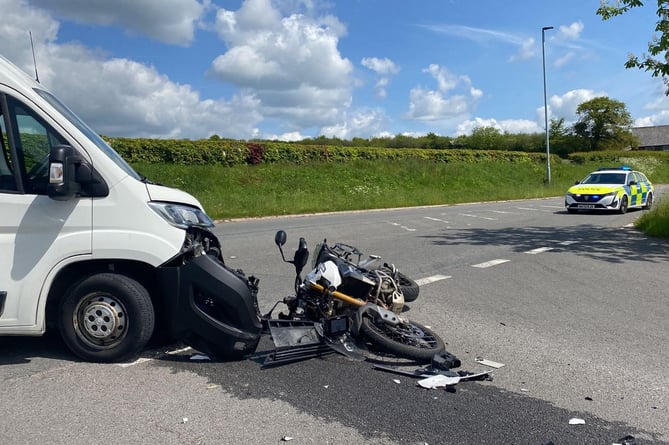 West Devon police warn motorbikers to be care of other drivers to avoid crashes like this near Lifton.