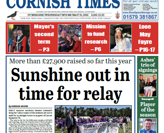 Front page of the Cornish Times for May 31, 2023.