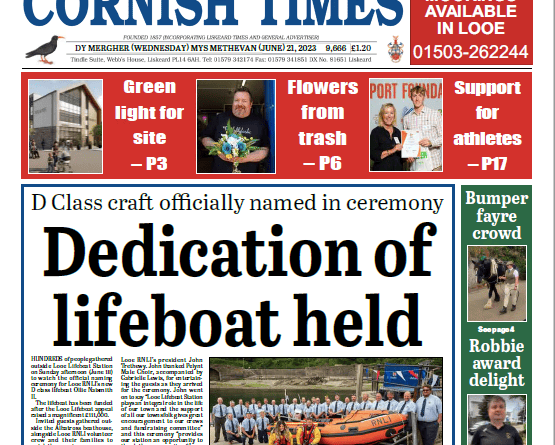 The front of the Cornish Times for Wednesday, June 21