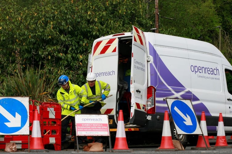 BT Openreach engineers laying broadband cable near Dulverton.