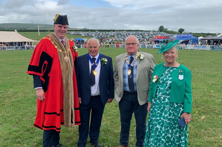 Liskeard Mayor Cllr Simon Cassidy with MP for South East Cornwall Sheryll Murray, Colin Diamond, chair of Liskeard Show, and Brian Wenworth, president of Liskeard Show 2023, during the opening ceremony 