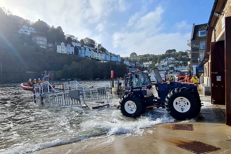 High tide launch of Looe RNLI Atlantic 85 Sheila and Dennis Tongue II