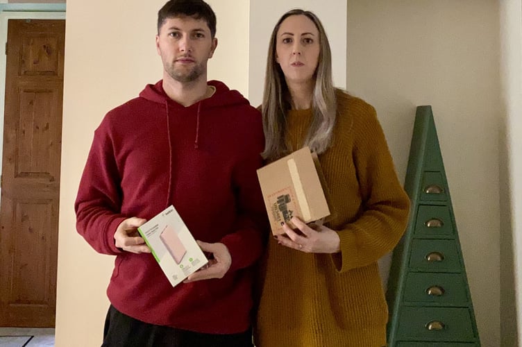 Lianne Pengelly, 41, and her husband Sam, 30. Release date - 3rd November 2023. See SWNS story SWLNapple. A couple have been left 'devastated by tech firm Apple's refusal to act after purchasing an £800 iPhone - and receiving a power bank. Lianne Pengelly, 41, and her husband Sam, 30, say the past month has been a "horrific battle" with the largest tech company in the world - after it has refused to replace their purchase or even refund them. Lianne, from Liskeard, Cornwall, said: I know worse things can happen in life, but after a horrific few years, we just feel its so unfair - and its such a lot of money for nothing! "We feel as though we are being treated like criminals." 