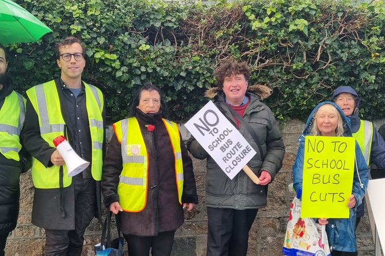 Some of those protesting in St Austell against the possible cuts to school bus routes
