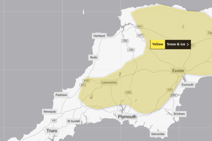 Met office yellow weather warning for snow and ice in the South West