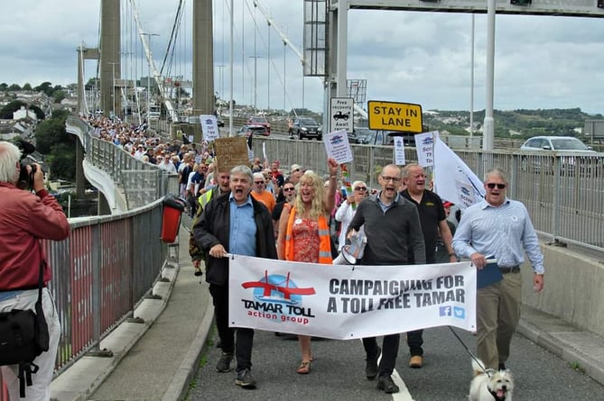Cllr Colin Martin marching in support of the Tamar Toll Action Group and more than 300 protesters across the Tamar Bridge