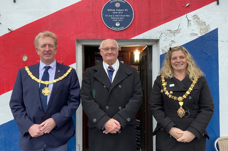 Mayor of Saltash, Richard Bickford, Lt. Cdr. Barry Brooking M.B.E. R.N and the mayor of Falmouth, Kirstie Edwards