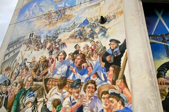 William Odgers is seen here painted into the right hand side of the mural on the side of the Union Inn, Saltash