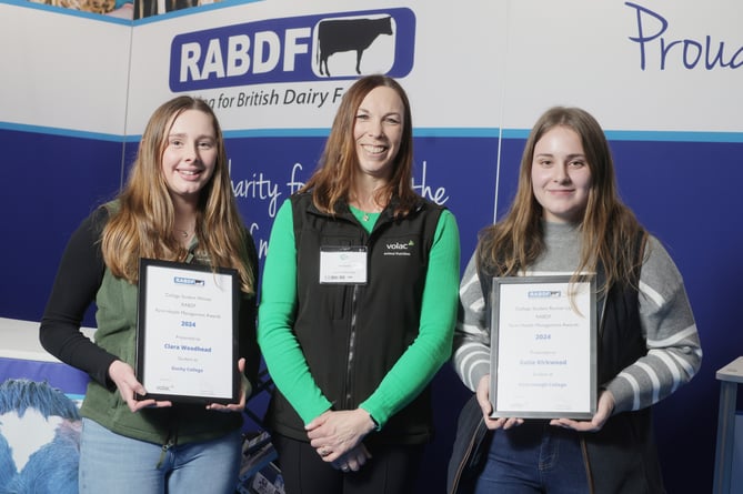 Duchy College Stoke Climsland student, Clara Woodhead, with her certificate and cheque, Sarah Banks from Volac (middle) and runner-up Katie Kirkwood from Myerscough College