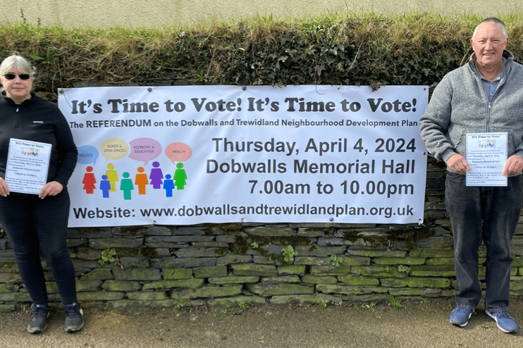 The chairman and vice-chairman of Dobwalls Parish Council John Dunn and Tracey Kitto getting the message out that “It’s Time to Vote”.