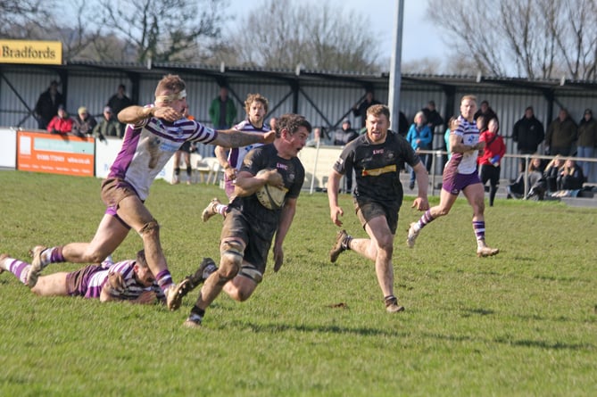 Launceston flanker George Bone (pictured on the ball) in action against Exmouth on Saturday.