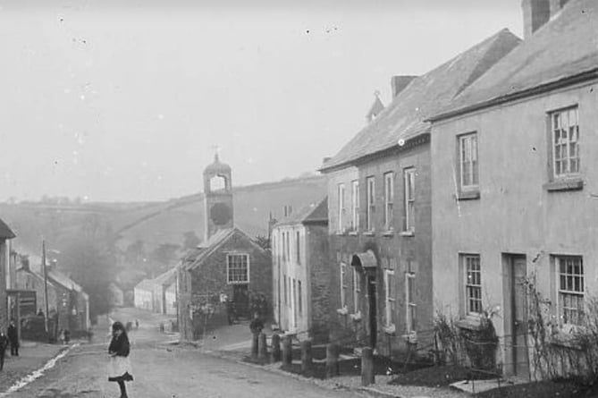 Grampound showing old town clock c1900 Photo by Samuel John Govier [Royal Cornwall Museum].jpg