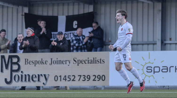 Truro City striker Andrew Neal celebrates during Friday's victory over Slough Town at Gloucester City's Meadow Park.