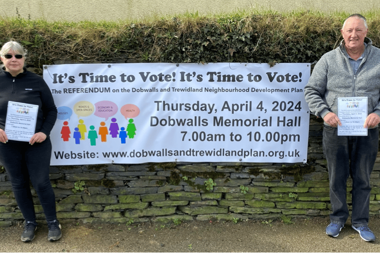 The chairman and vice-chairman of Dobwalls Parish Council John Dunn and Tracey Kitto getting the message out that 'It’s Time to Vote'