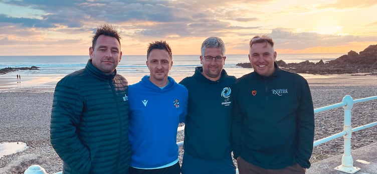 Bude Town's new management team of Rob Francis (head coach), Steve Hackett (manager), Liam Dart (assistant manager) and Karl Tweitman (fitness coach) have ensured the Seasiders sit tenth in SWPL Premier West after a crazy summer at Broadclose Park. Picture: Bude Town AFC
