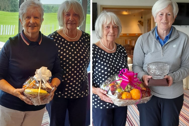 Rose Bowl organiser Wendy Phillips hands out the prizes to the respective winners, Hazel Beadle (left) and Sue Wenmoth.