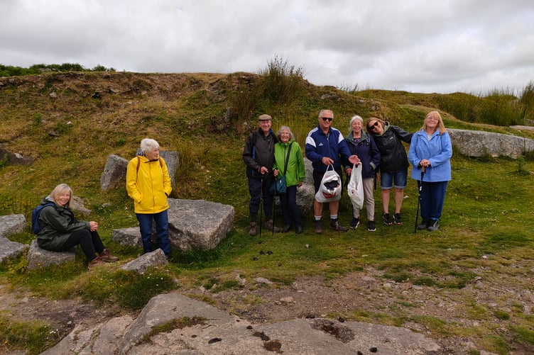 Members of Lanreath Walking Group at Gold Diggings disused quarry on Bodmin Moor