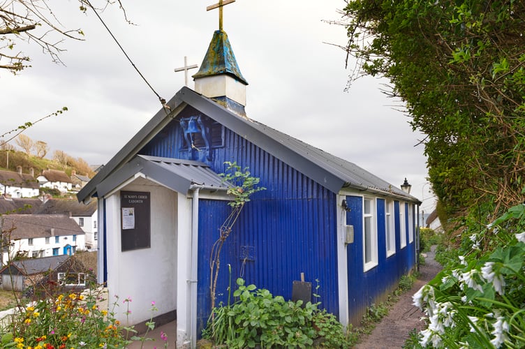 Church of St Mary, New Road, Cadgwith, Cornwall.
General view of mission church known as a tin tabernacle constructed in 1898 clad in galvanised corrugated-iron. View from north west.