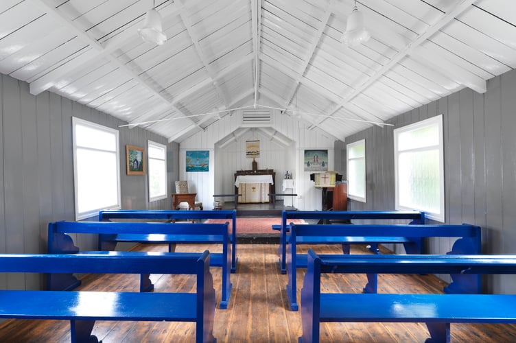 Church of St Mary, New Road, Cadgwith, Cornwall.
General view of interior to mission church known as a tin tabernacle constructed in 1898 clad in galvanised corrugated-iron. View from north east.